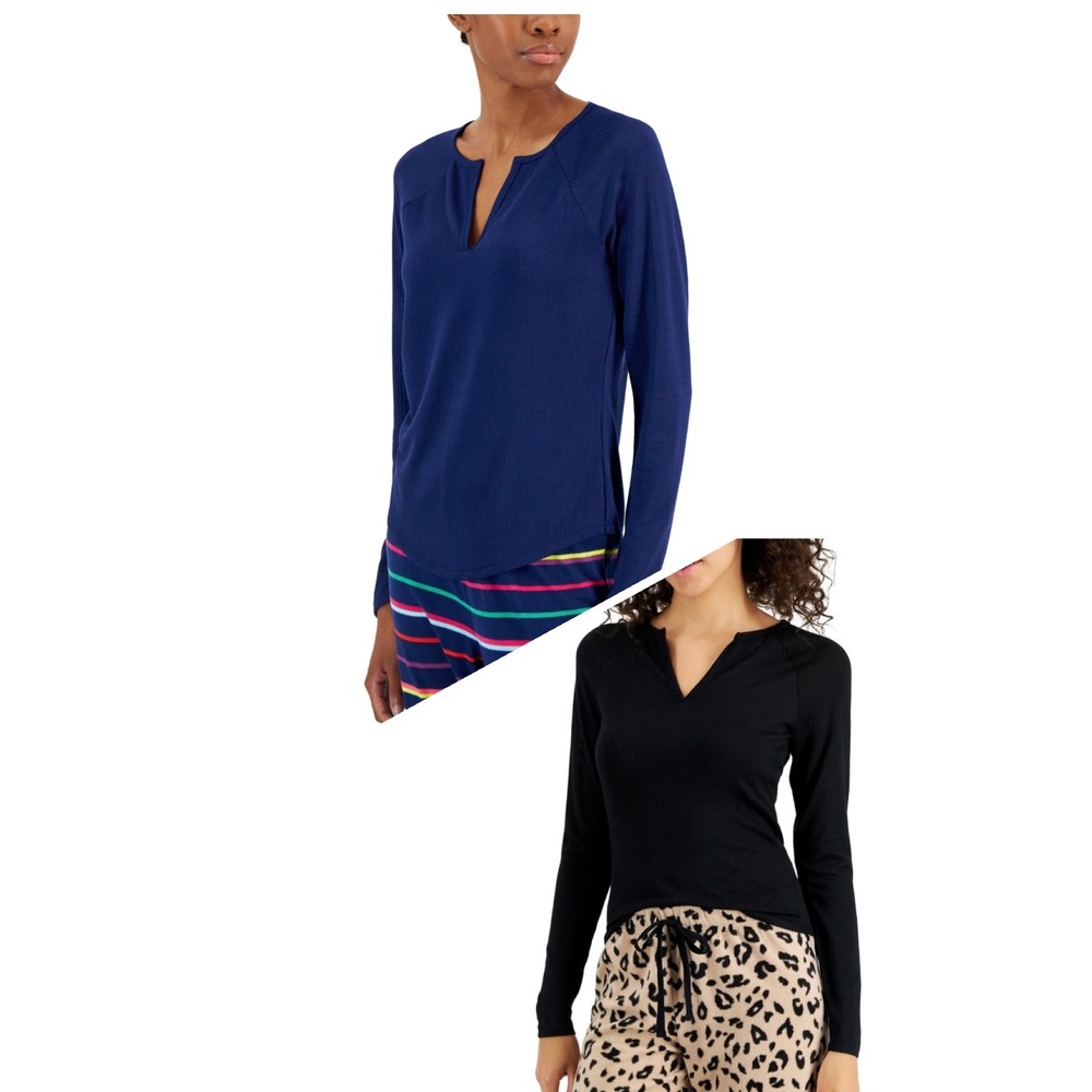 Jenni Women's Split-Neck Pajama Top Bundle of 2 - Black - Blue -‎ Size Medium